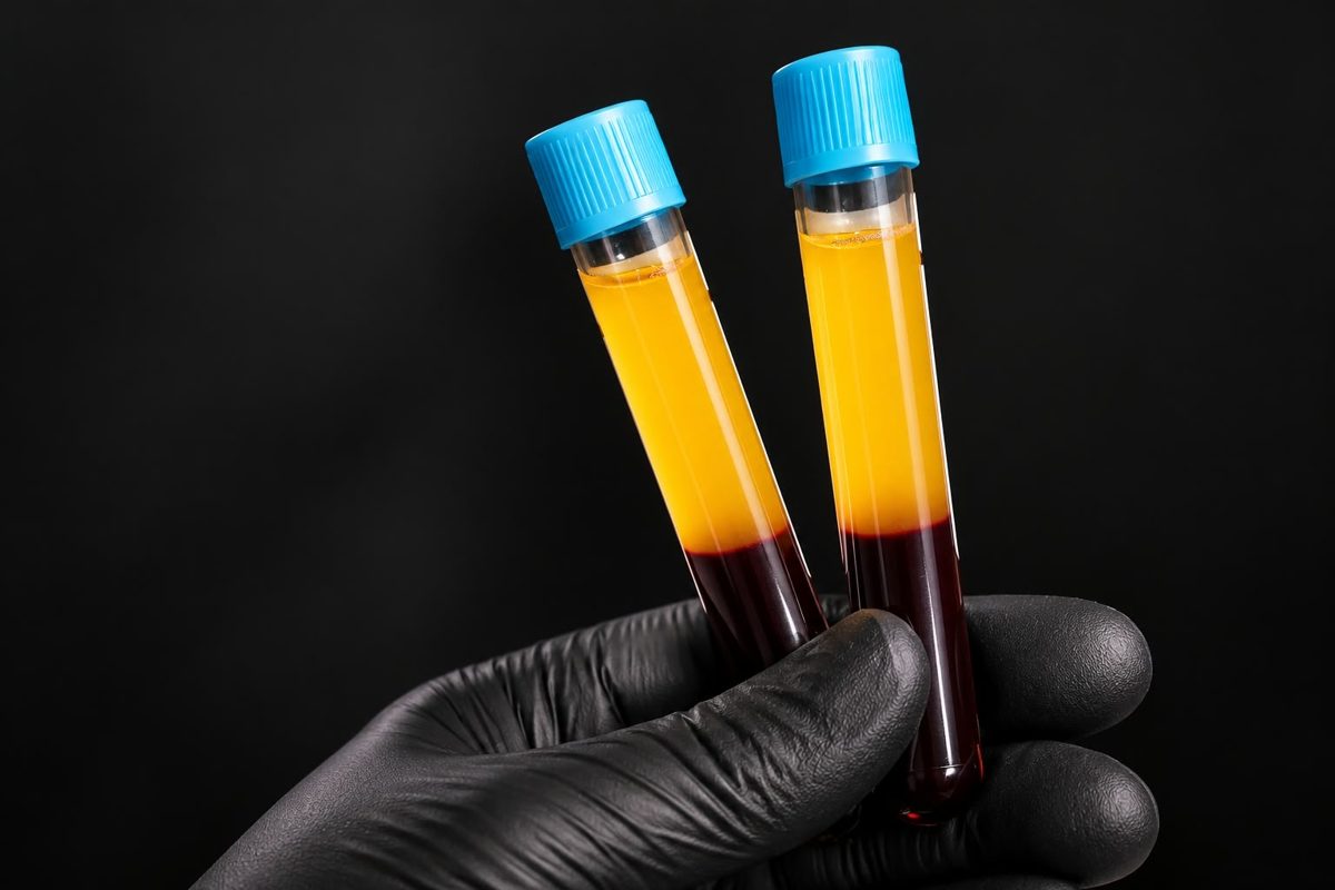 Tubos de PRGF (plasma rico en factores de crecimiento) tras el centrifugado de la sangre del paciente