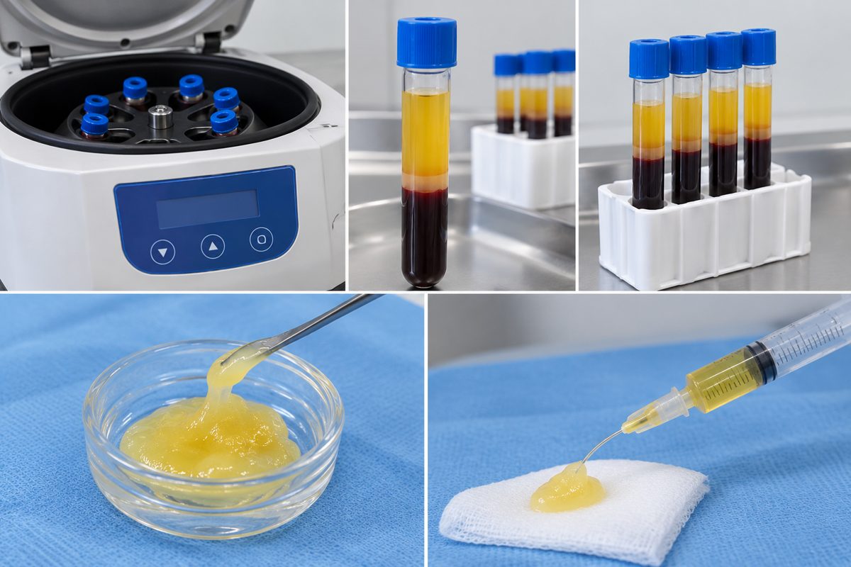 Proceso de obtención del PRGF: centrífuga, separación del plasma, gel de plasma y aplicación con jeringa